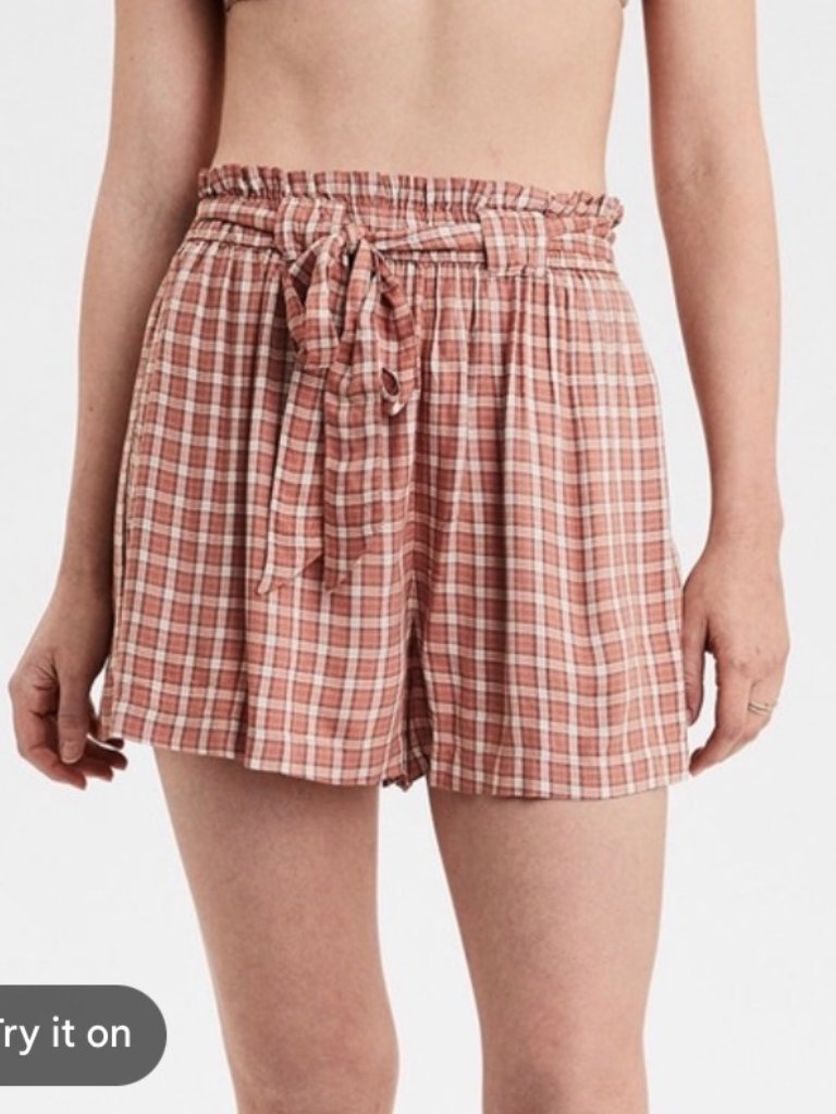 American Eagle Womens Plaid Paperbag Shorts Pink, Tan & Cream Size Xl